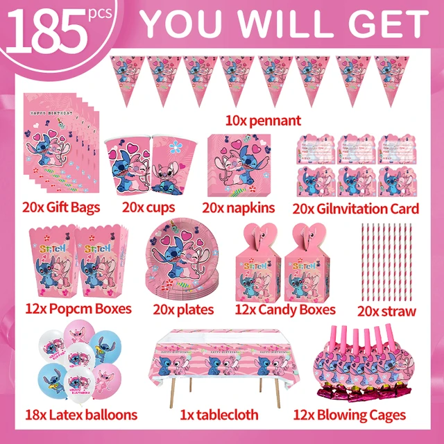 Décorations de fête d'anniversaire Disney Pink Stitch, ballons, vaisselle  de poulet, fournitures de fête pour enfants, assiette, tasse, bannière, CAN  o & Stitch - AliExpress