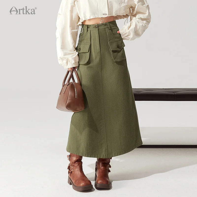 artka-2023-autumn-new-women-skirt-fashion-safari-style-high-waist-skirts-long-a-line-army-green-skirt-with-pockets-qa92535q