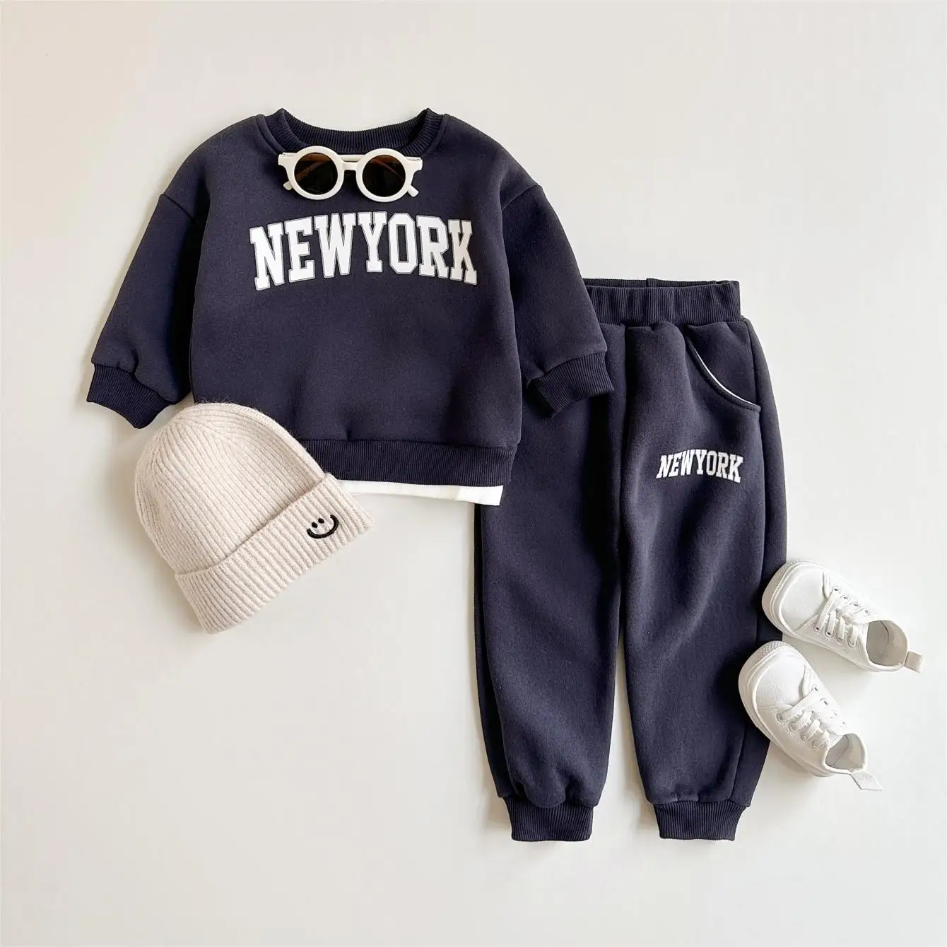 Winter Thickened Newborn Boy Girl 2PCS Plush Letter Printing Casual Suits Outfits Set Children's Clothing 3
