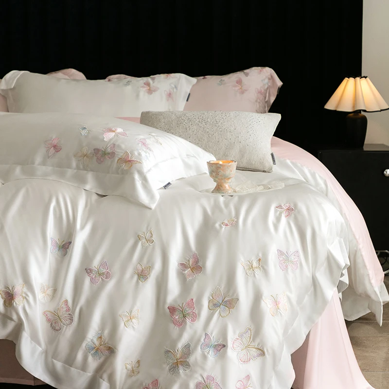 Butterfly Embroidery Luxury Bedding Set 800TC Lyocell Bamboo Fiber Soft Silky Duvet Cover Flat/Fitted Bed Sheet Pillowcases 4Pcs 4