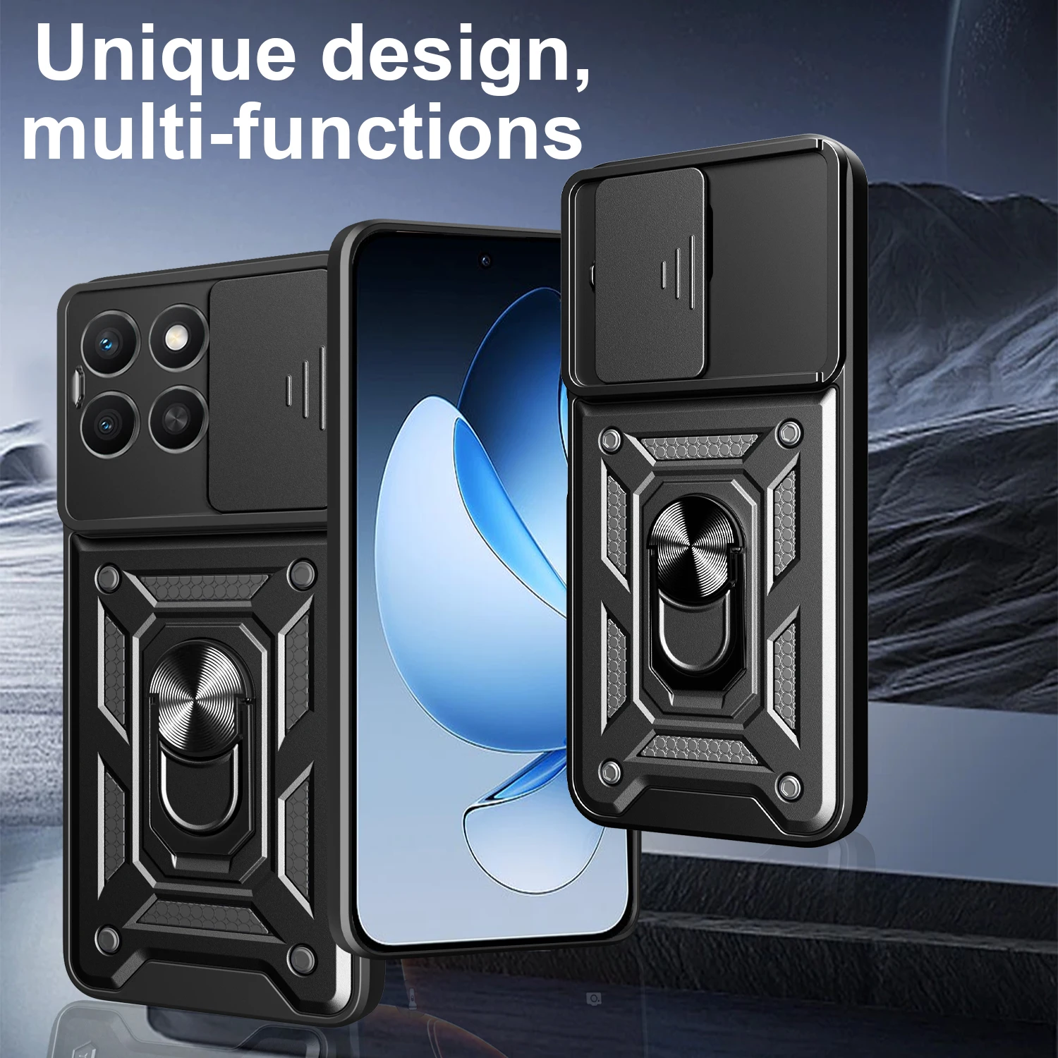 Slide Camera Cover with Armor Ring Stand Holder and Protective Case