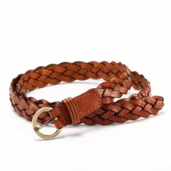Women's Braided Leather Belt with Gold Buckle - Stylish Casual Accessory - 105CM (Light brown)