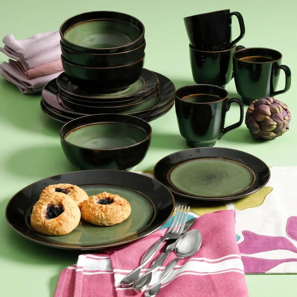 

16-Piece Dinnerware Set Plates Sets for Home Dinner Set Dishes and Plate Set, Green
