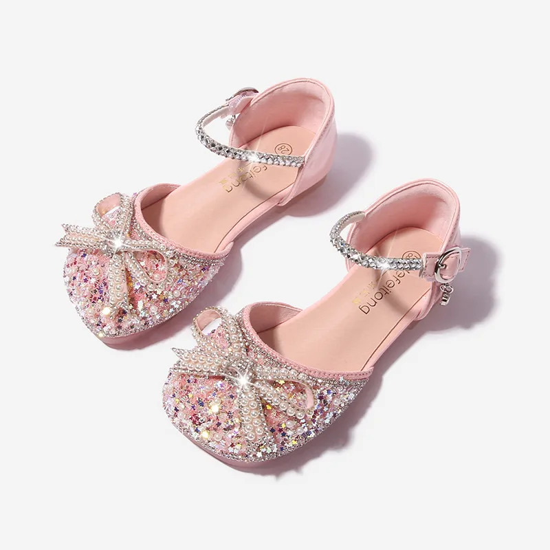 

Girls' Sandals Pink Shiny Crystal Children's Wedding Shoes Rhinestone Kids Flats Fashion Sweet Bowknot Princess Dance Party Shoe