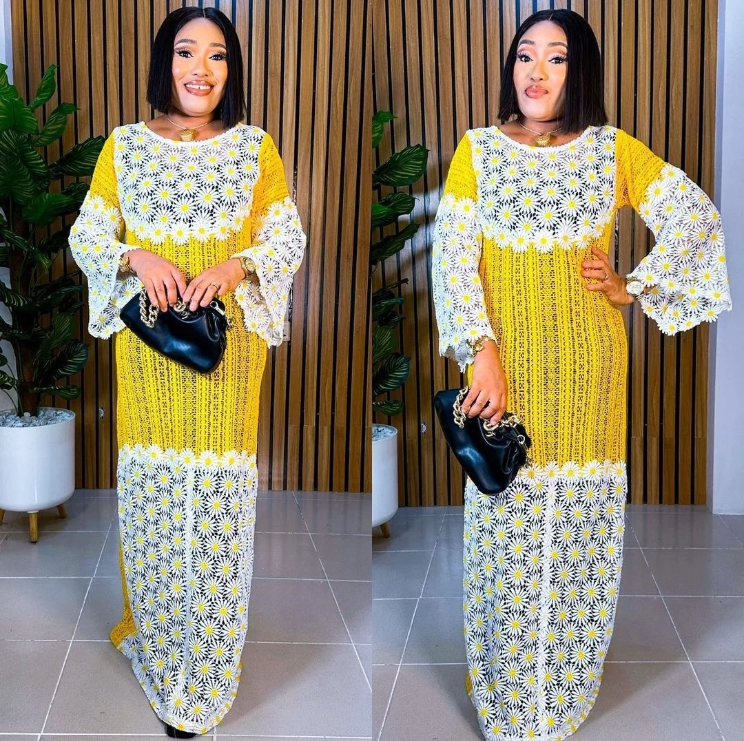 

2023 Africa Large Size Loose Fitting Dress Women's Fashion Lace Embroidered Long Dresses Casual Female Commuter Two Piece Sets