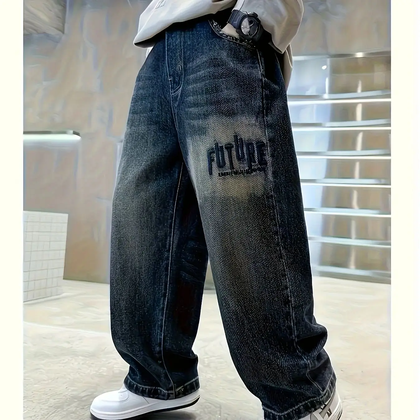 Boy's fashionable letter embroidery four-season wearable street casual straight-leg jeans, with full elastic waist.