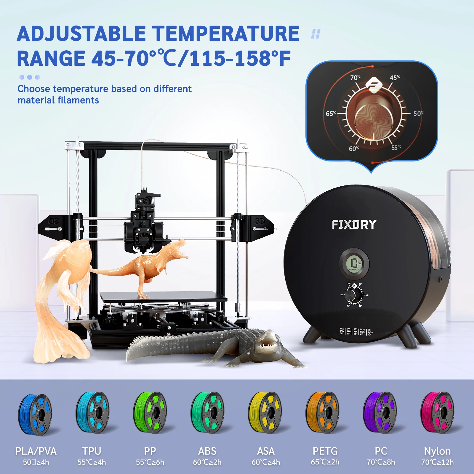 FIXDRY 개선된 3D 프린터 필라멘트 건조기, PLA PETG ABS TPU 나일론 PA 필라멘트 선풍기 포함, 1.75mm, 2.85mm, 3mm