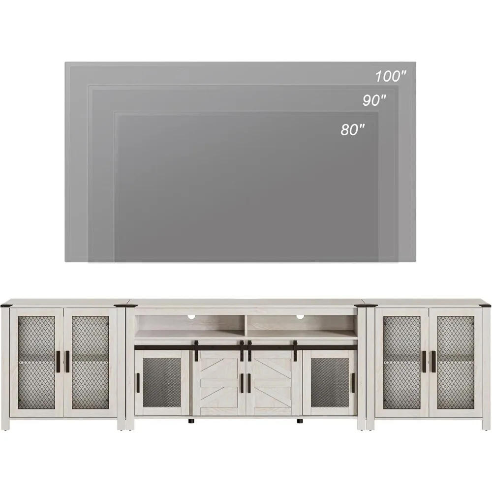 TV Stand Set for 100 inch TV, Farmhouse Storage Units with Open and Adjustable Shelf, Antique White, TVs Stands 2