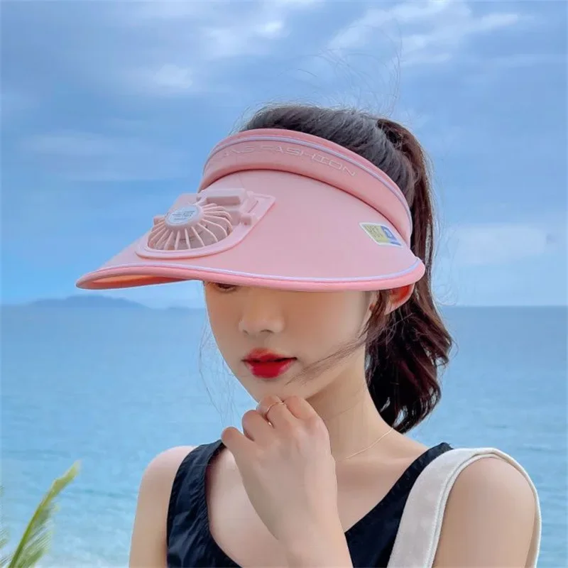 Summer UV Protection Visor Women Beach Hat 3-speed Regulation Electric Fan  Empty Top Hat Holiday Sunshade Bicycle Sun Hat