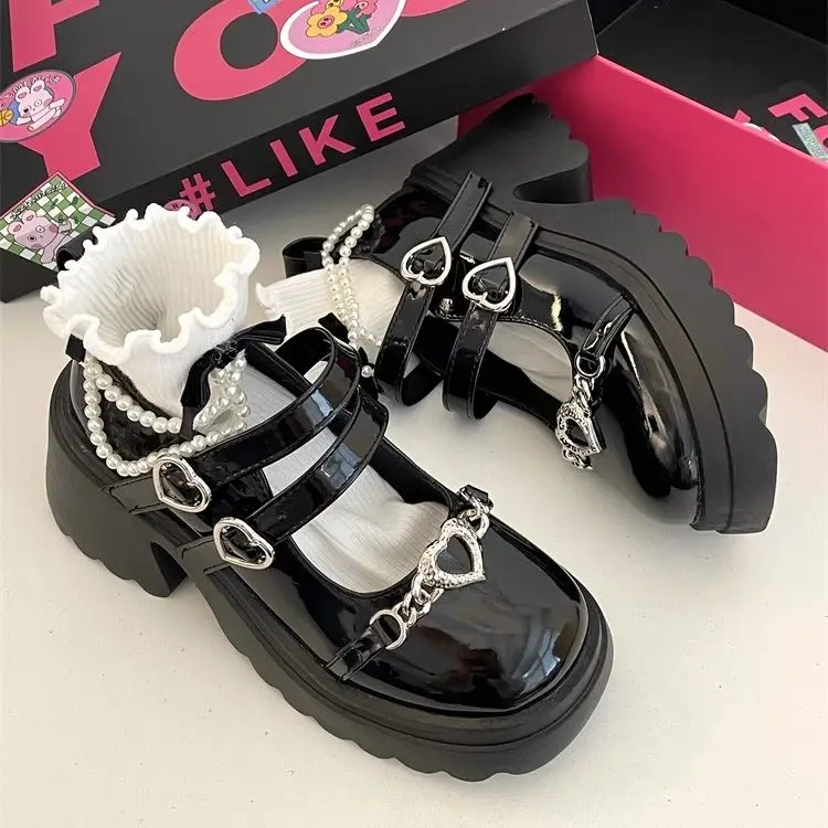 Black Leather Shoes Spring and Autumn Season Metal Chain Sponge Cake Sole Mary Jane Shoes Women's Patent Leather Gothic Style 3