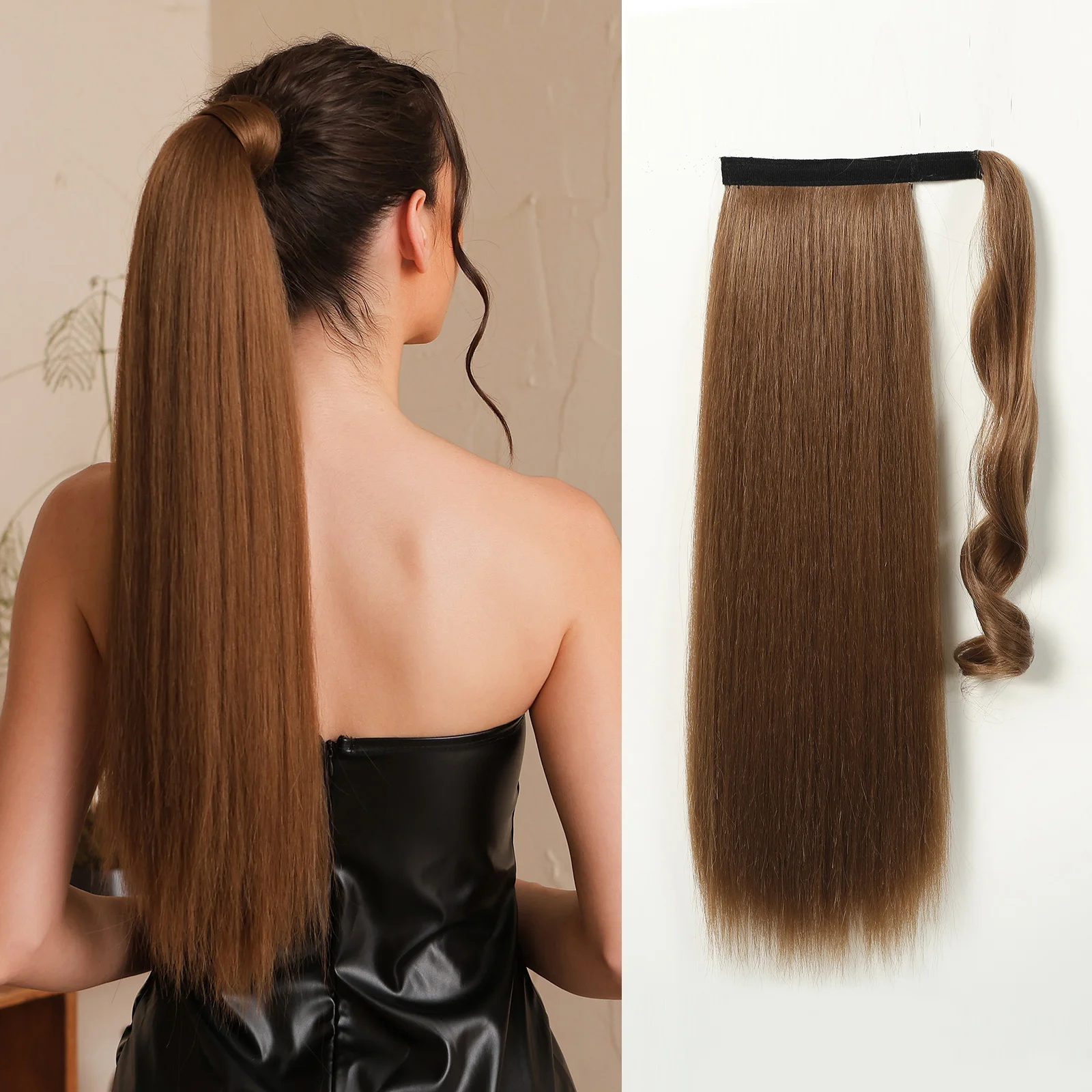 

Golden Brown Long Straight Ponytail Synthetic Wrap Around Clip in Ponytail Hair Extension for Women Heat Resistant Fake Pony