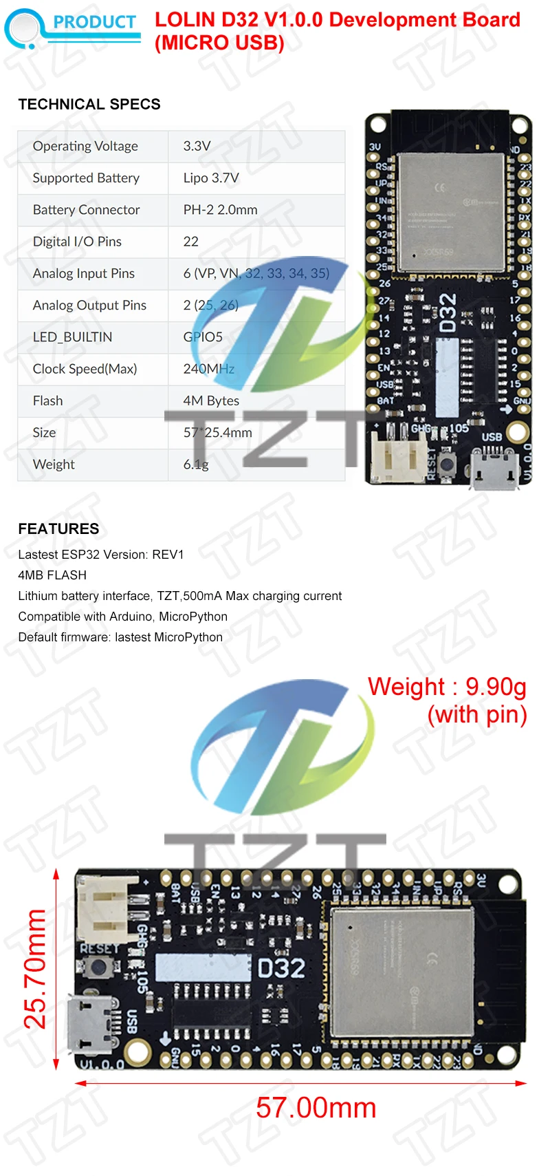 1/3PCS für LOLIN D32 V1.0.0 - Wifi+Bluetooth Board basierend auf ESP-32 Esp32 ESP-32 4MB FLASH für Arduino MicroPython kompatibel – Detail 1