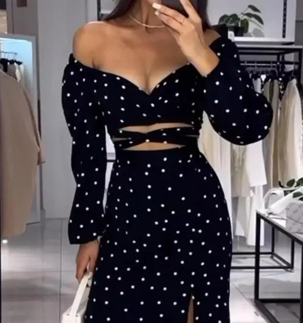 Elegant Women's Sets 2023 Autumn New Fashion Long-Sleeved Sexy Low-Cut Cross-Belt Hollow Crop Top and Elegant Long Skirt Set