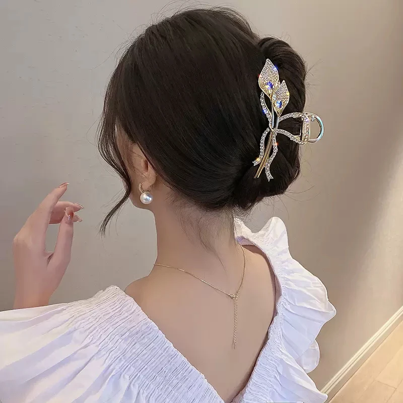 新しい黒い葉のラインストーンヘア爪昼光クリスタルヘアクリップ