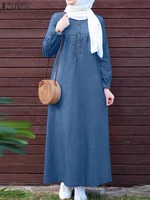 ZANZEA Denim Blue Muslim Hijab Abaya Robes Autumn 2024 Long Sleeve Loose Casual Islamic Maxi Dress Solid Women Kaftan Dresses