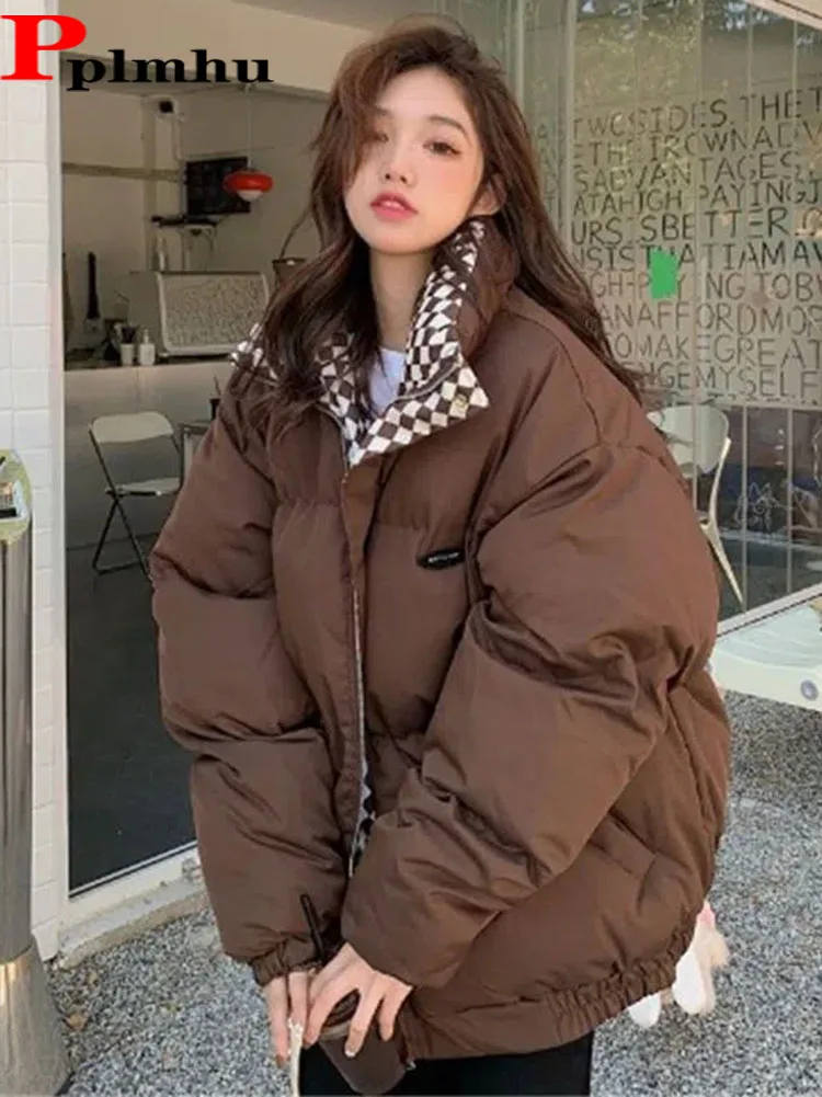 

Winter Warm Women's Padded Coat Plus Size Loose Lapel Casaco Casual Inner Plaid Overcoat Coffee Korean Streetwear Fluffy Abrigos