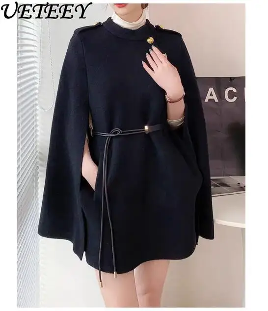 

Autumn and Winter New Black Knitted Reversible Woolen Coat Women Socialite High Sense Belt Waist French Style Knitwear Cape Coat