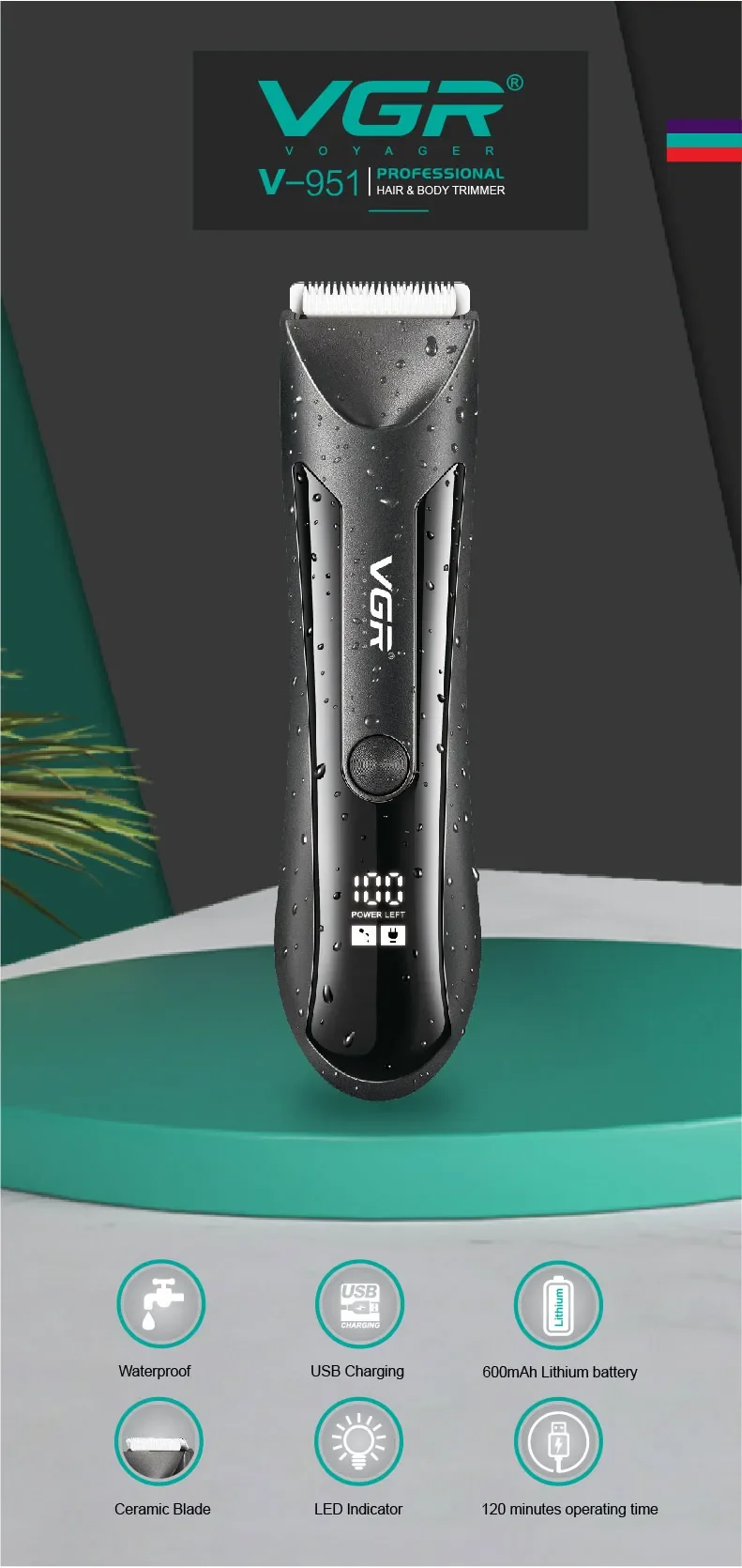 Description Picture 2 of itemVGR Ball Trimmer for Men Body Hair Trimmer Hair Clipper Ceramic Blade Groin & Pubic Hair Trimmer Rechargeable Body Groomer V-951