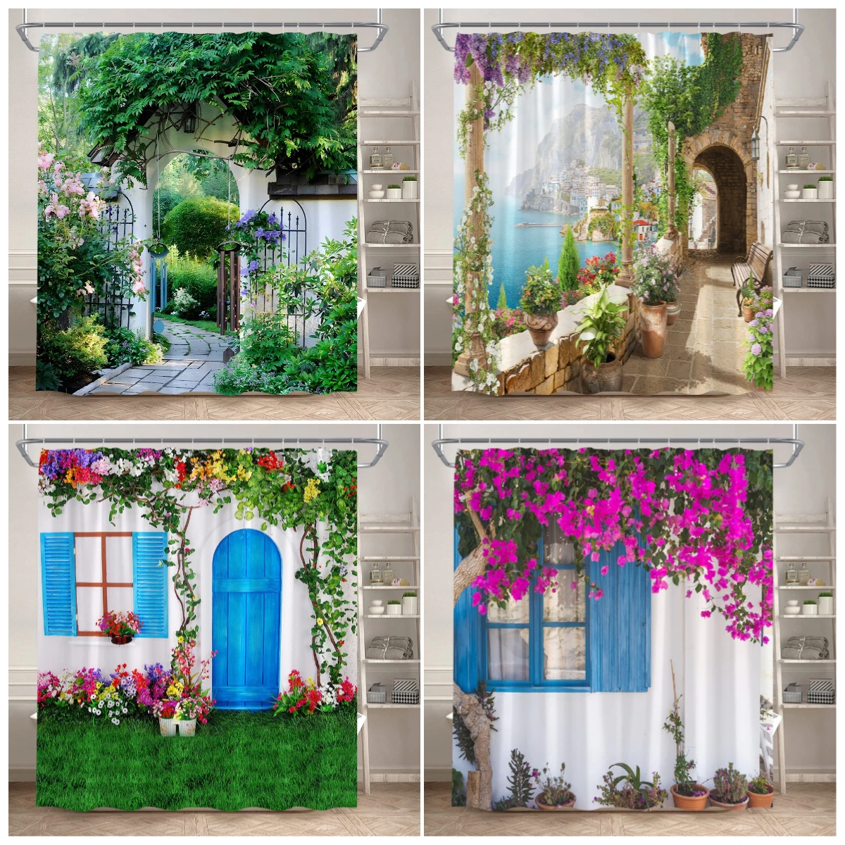 

Natural Garden Scenery Shower Curtains Street Flowers Plant Blue Door Window White Brick Wall Bathroom Curtain Fabric Home Decor