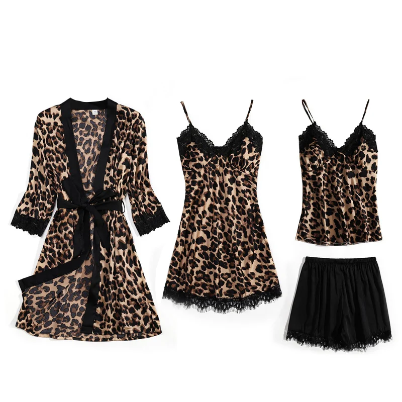 

Women Robe and Chemise Nightgown Set Leopard Pyjamas Femme Pajamas Soft-Stretch Knit Pijama Mujer Sleepwear Robe Nightgown Sets