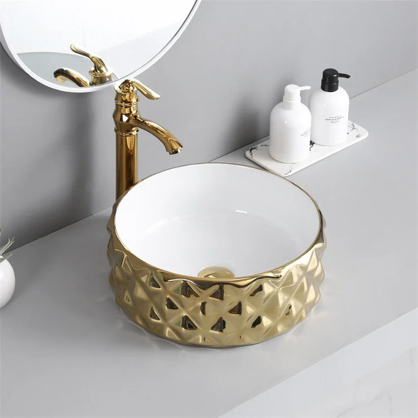 

Integrated Ceramic Tabletop Basin Electroplated Wash Basin Toilet Circular Household Hotel Engineering Wash Basin 400*400*150mm