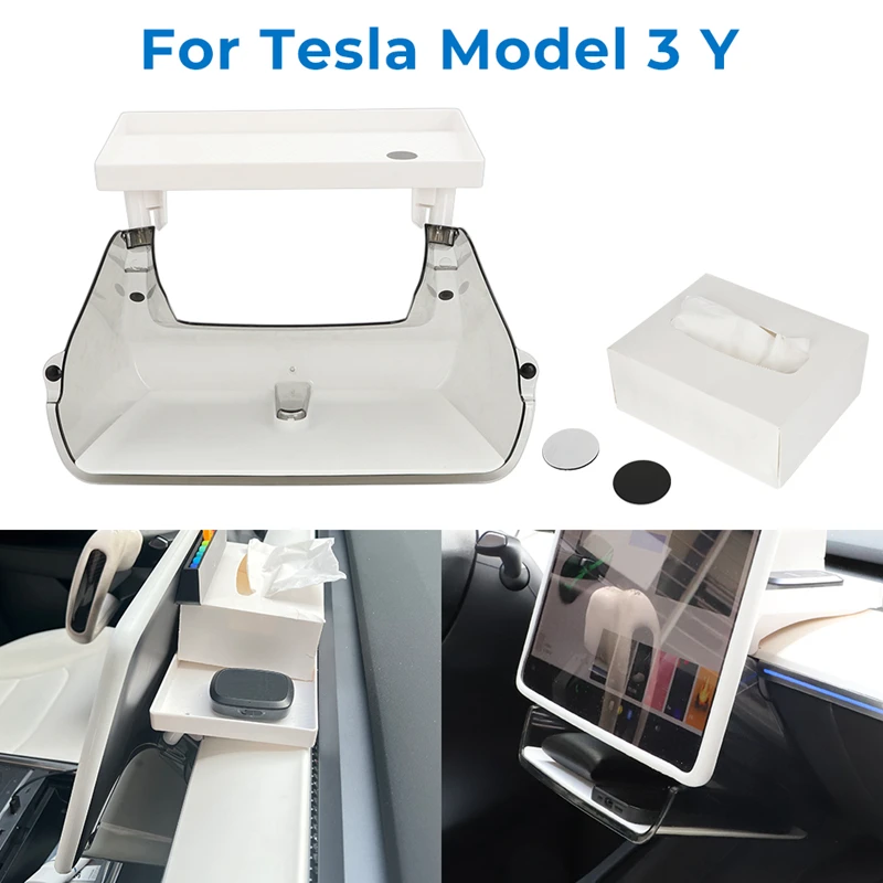 

For Tesla Model 3 Y Center Console Organizer Tray Under Behind Screen Storage Box Case Magnetic Hidden Tissue Holder Glovebox