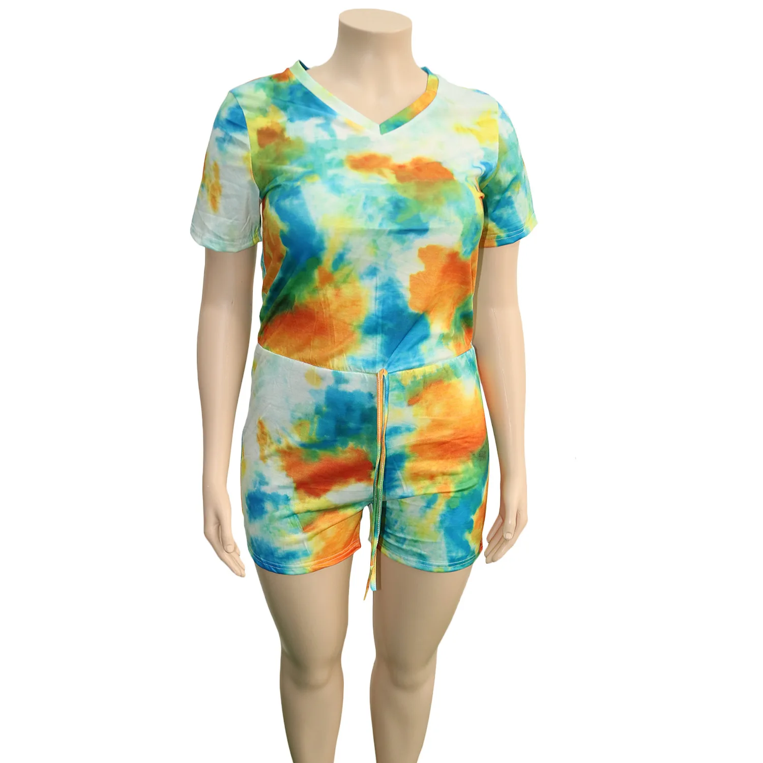 Plus Size Women Jumpsuit Tie Dye One Piece Outfit Summer Casual Lady Tracksuit Sexy V Neck Clothing 2022 Fashion Short Pant