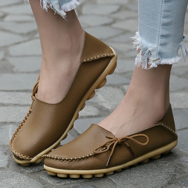 Women Flats Genuine Leather Oxford Moccasins Slip On Bowtie Plus Size women shoes,women flats