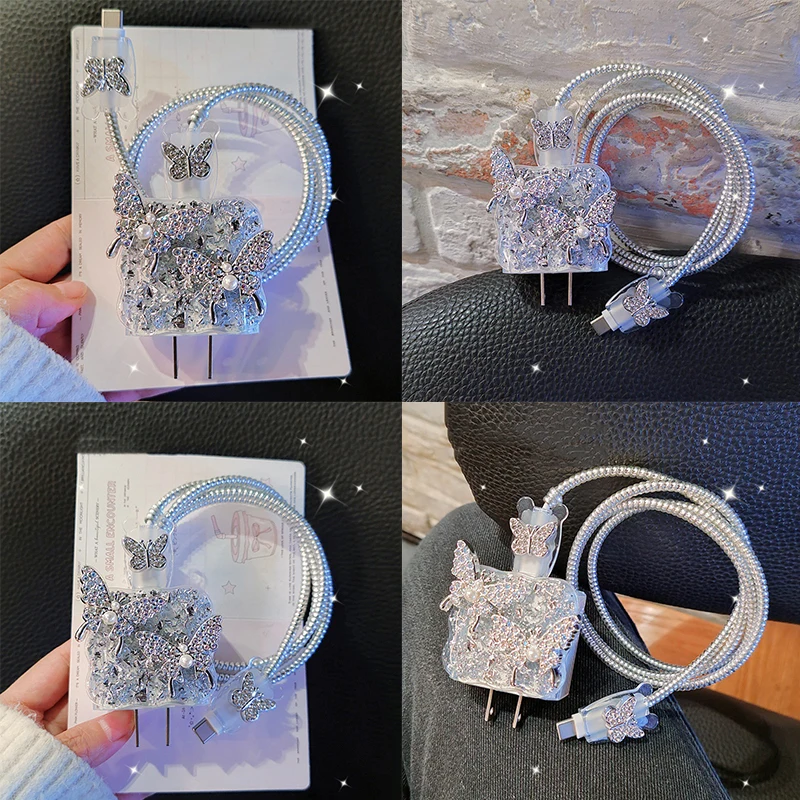 4Pcs/Set Butterfly Flowers Charging USB Data Cable Protector Cover For IPhone 20W Charger Data Line Protective Case Winder Kits