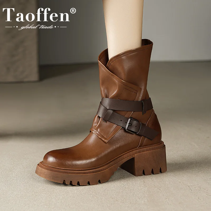 

Taoffen Women Motorcycle Boots Genuine Leather Metal Buckle Block Heel Ladies Flat Shoe Retro Street Style Western Cowgirl Boots