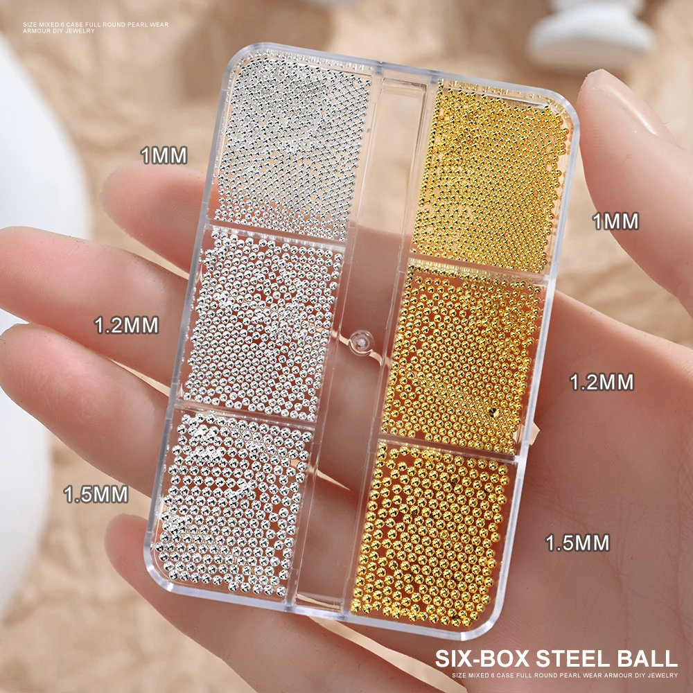 6 Gitter/Box Silberne Metallperlen Nail Art Charms 0,8–1,5 mm IronBall Nagelkaviarperlen, runde Kugelperlen aus Edelstahl, Dekorationen – Detail 6