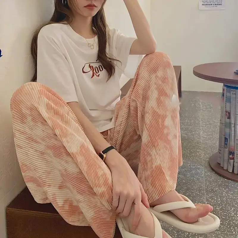 Pleats Wide Leg Pants Women New Tie-dye High Waist Casual Long Trouser Y2k Loose Straight Leg Pants Korean Women Clothing