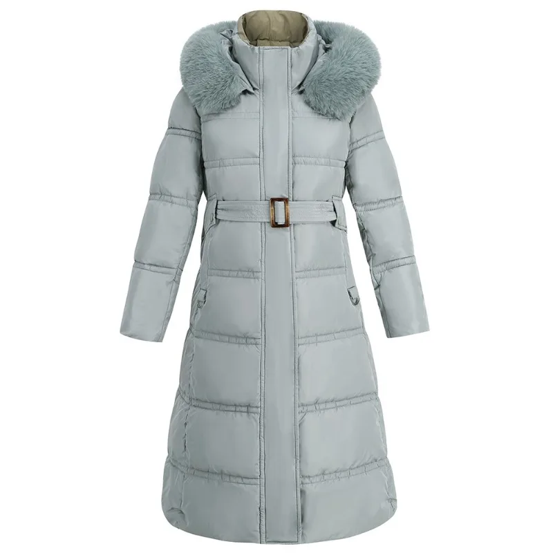 Down Cotton Jacket European and American Fur Collar Contrasting Color Coat Winter New Slim Fitting and Slimming Mid Length Coat