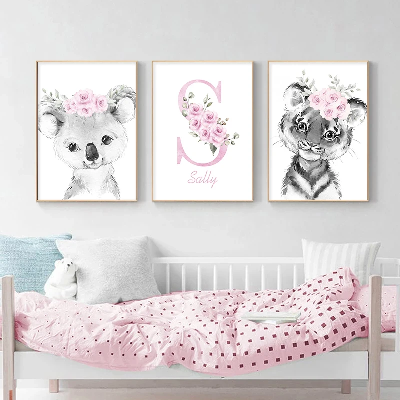 Custom Baby Name Poster Wall Print Pink Flower Animals Canvas Painting