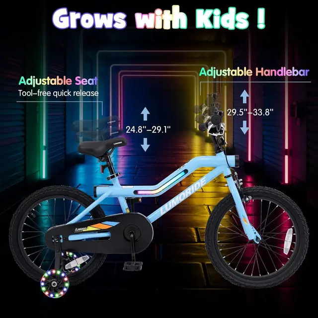 16-18 Inch Kids Bike with LED Lights, Training Wheels, Adjustable Seat & Handlebar, Kickstand