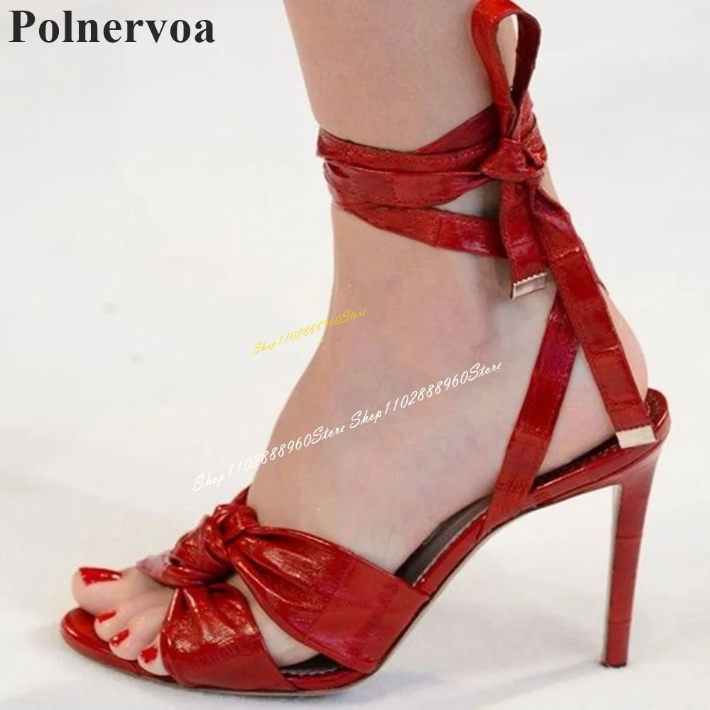 

Trending Runway Red Twine Strap Sandals Thin High Heel Shoes For Women Lace Up Open Toe 2024 Fashionable Zapatos Para Mujere