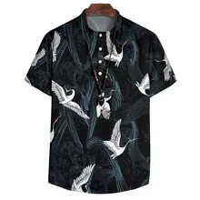 

Men Turn-Down Collar Shirt Print Crane Casual Coat Summer Short Sleeve Sleepshirt Oversize Plus Size 3XL-6XL Underwear Homewear