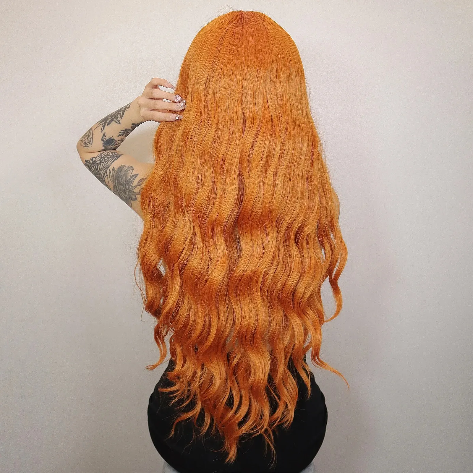 Long Water Wave Orange Synthetic Wigs for Women Wavy Natural Hair Wigs with Long Bangs Cosplay Party Wigs Heat Resistant_voghion.com