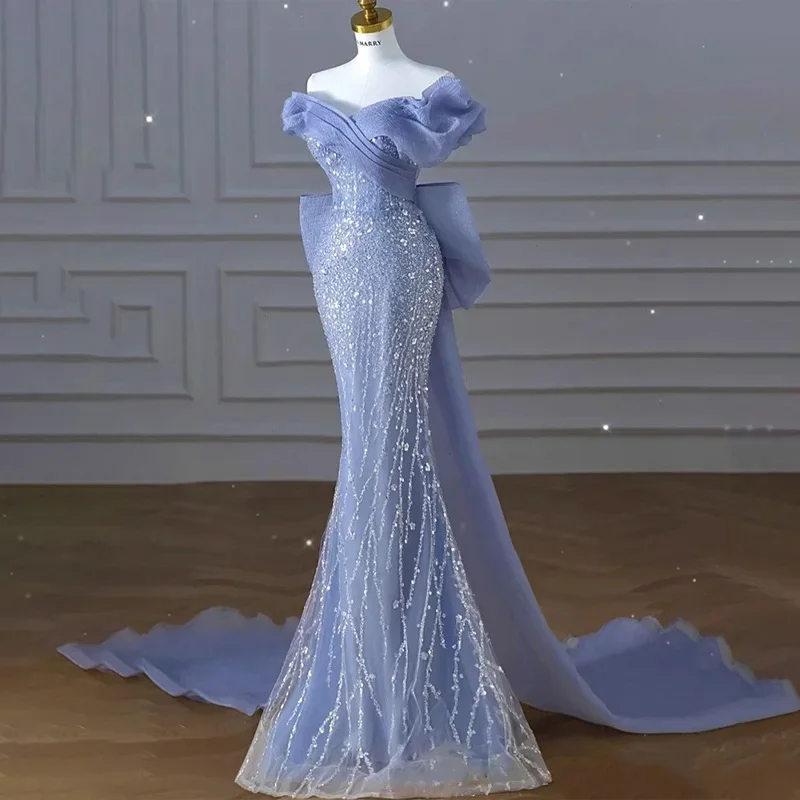 Evening Dress Blue Fashion Boat Neck Sequins Pleat Floor-Length Lace Up Short Sleeves Mermaid Party Formal Dresses Woman B2742