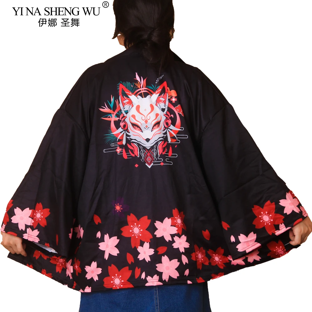 Fox Mask Print Coat Japanese Kimono Cardigan Shirt Women Haori Yukata Cosplay Men Traditional Clothing One Size