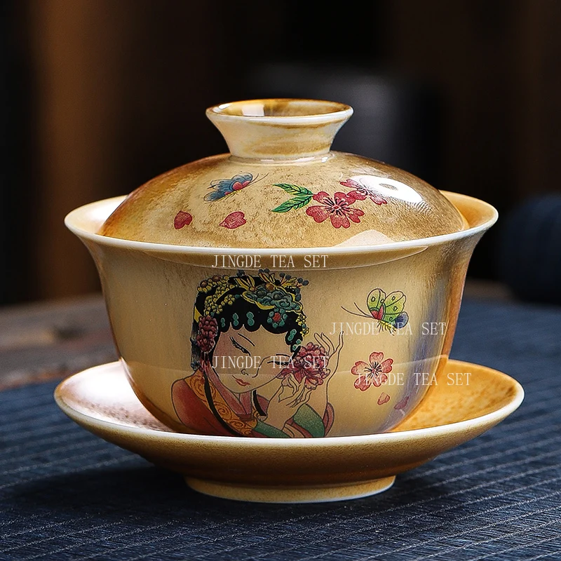 140ml Hand Drawn Three Talent Bowl Lid Ceramic Landscape Chinese Style Tea Bowl Chinese Household Underglaze Colored Tea Bowl