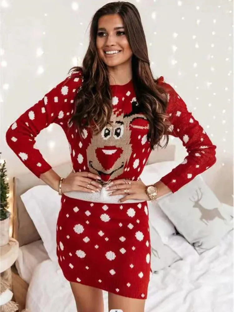 Chic Xmas Elk Snowflake Print Round Neck Long Sleeve Waist Tight Fall  Winter Christmas Short Sweater Dress - Dresses - AliExpress