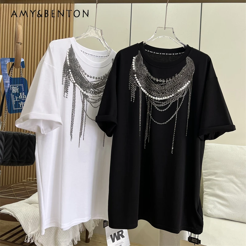 

Heavy Industry Design Hot Rhinestone Layered Necklace Loose Oversized Short Sleeved Cool T-shirt Top Summer New Aesthetic Tees