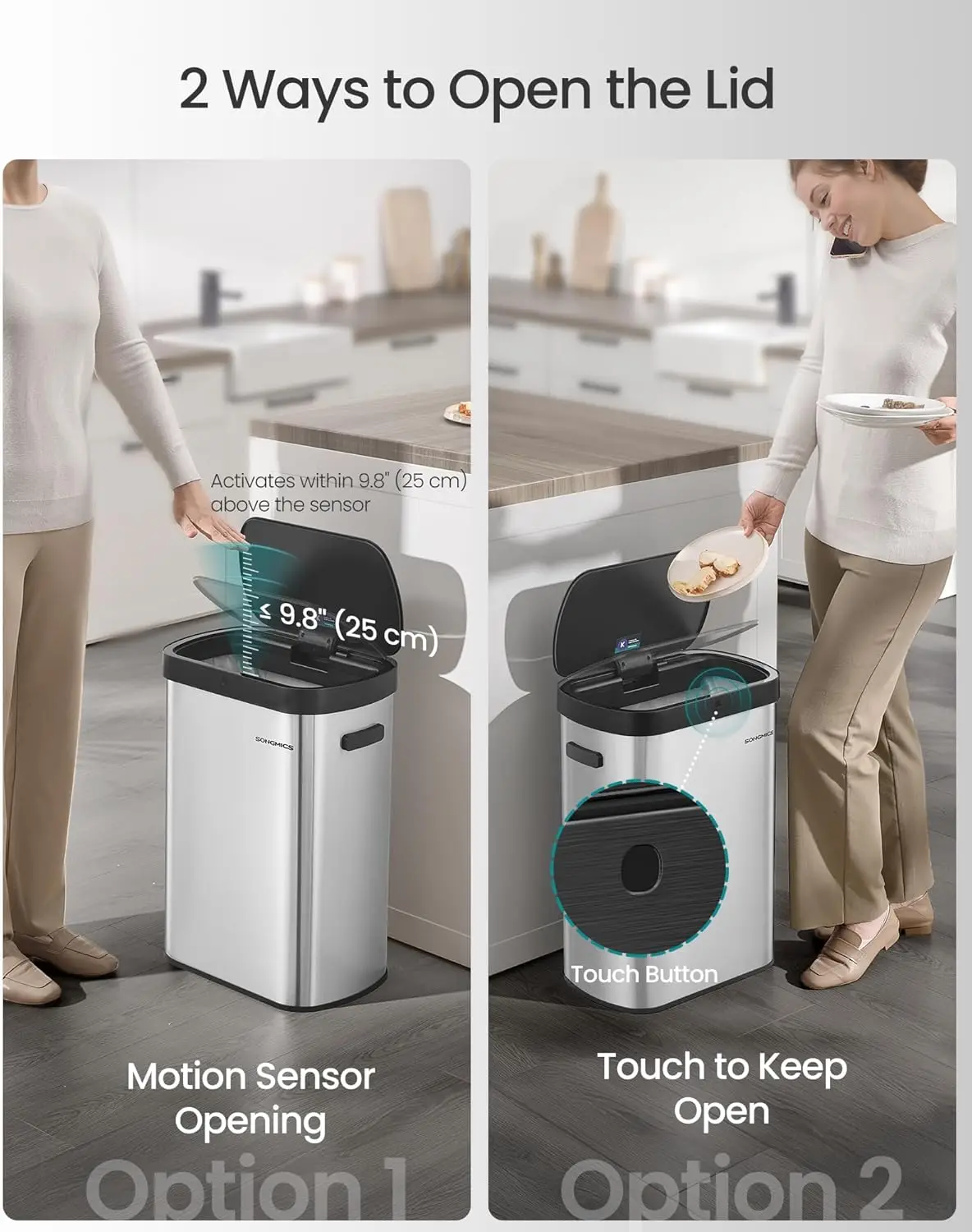 Motion Sensor Trash Can, 13-Gallon (50 L) Automatic Garbage Can with Soft Close Lid, Stainless Steel, Wave or Touch to Open