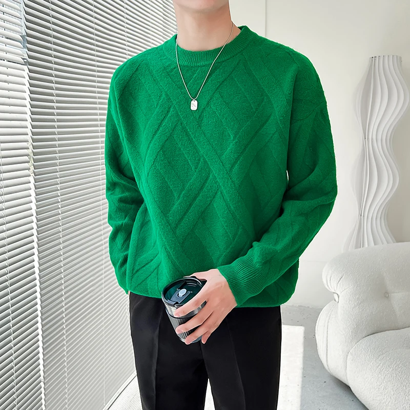 Solid Pattern Sweater/ High Quality Men's Autumn Winter Long Sleeve Tie Dyeing Round Collar Loose Warm Knitting Sweater Pullover