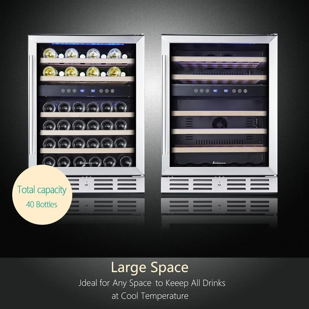 24 inch Wine Cooler, 46 Bottle-Dual Zone Built-in or Freestanding Fridge with Stainless Steel Reversible Glass Door,