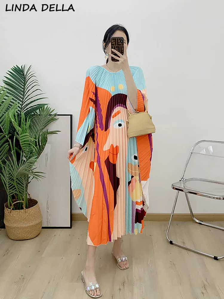 

Женское платье с круглым вырезом LINDA DELLA, винтажное Длинное свободное платье с длинным рукавом, повседневное Плиссированное Платье с принтом, лето 2019