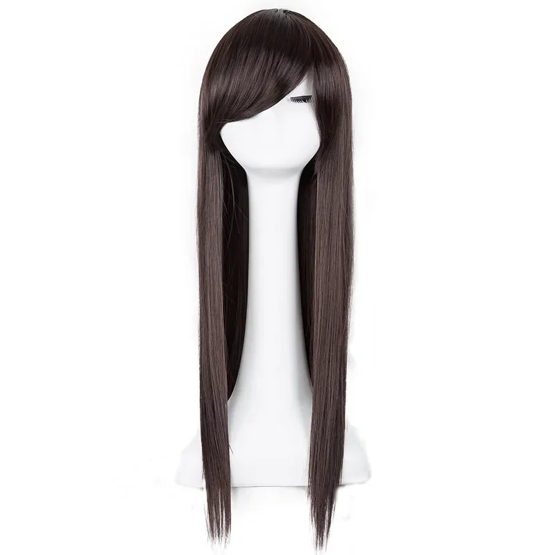 Heat Resistant Long Straight Dark Brown Inclined Bangs Women Hair Halloween Costume Cos-play Hairpieces