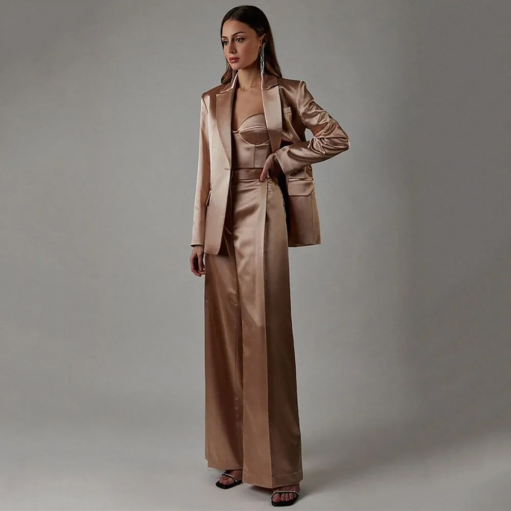 Summer Womens Solid Satin Suit 2 Piece Set Loose Office Lady Wear One Button Peaked Lapel Blazer Custom Made Suits for Women 3