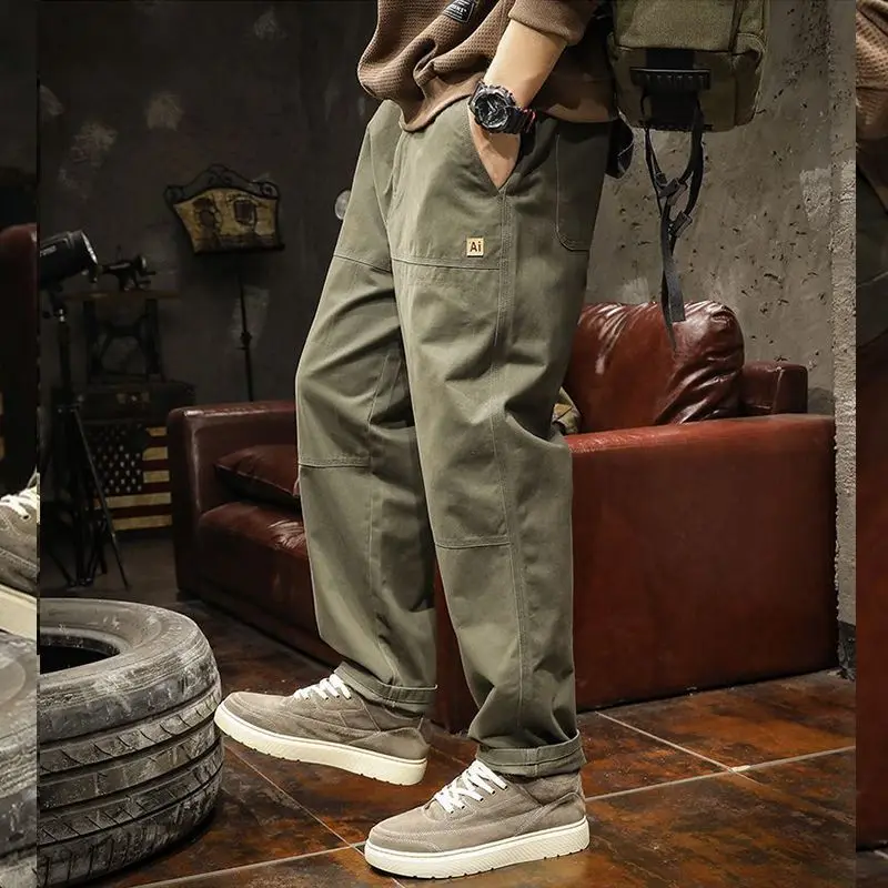American Style Trend New Spring Casual Pants Men's Solid Pockets Badge Fashion Minimalist Safari Style Loose Wlde-waisted Pants